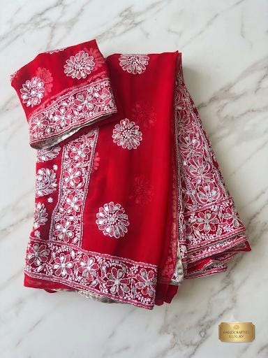 Lucknowi Georgette Chikankari Saree with Gota Patti Work