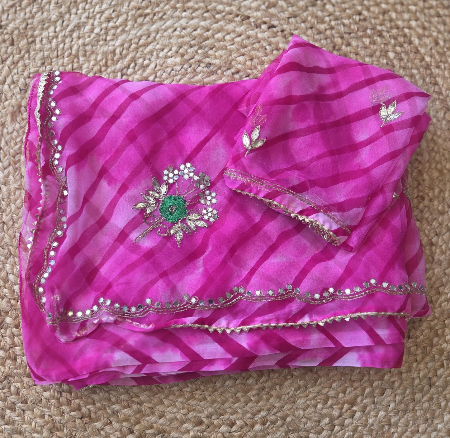 Pink Leheriya Saree, Gota Embroidery, Sequin Border, Mehendi Wear