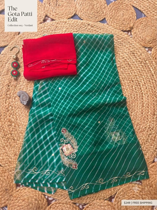 Pure Chiffon Leheriya Saree, Zari Embroidery, Sequin Border, Mehendi Wear