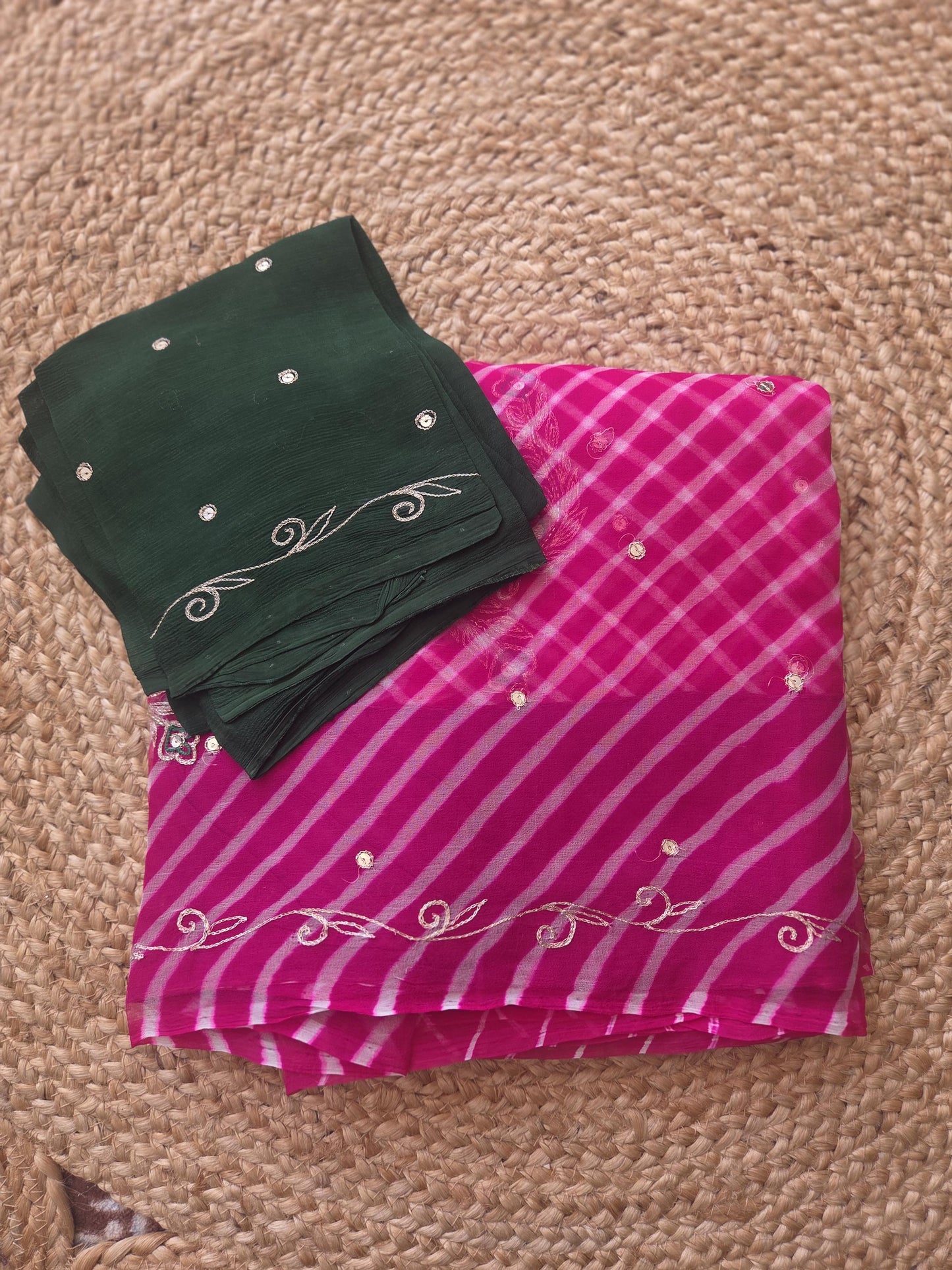 Pure Chiffon Leheriya Saree, Zari Embroidery, Sequin Border, Mehendi Wear