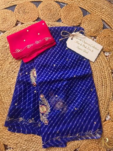 Pure Chiffon Leheriya Saree, Zari Embroidery, Sequin Border, Mehendi Wear
