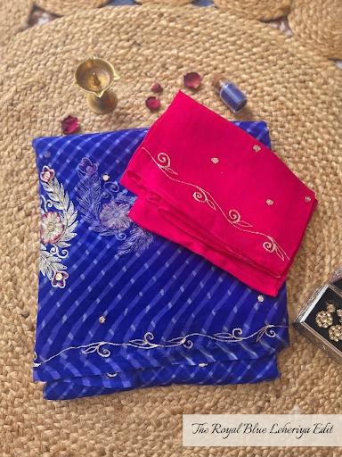Pure Chiffon Leheriya Saree, Zari Embroidery, Sequin Border, Mehendi Wear