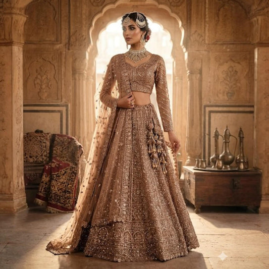 Champagne Gold Bridal Lehenga Choli | Heavy Embroidered Wedding Wear | Designer Reception Outfit