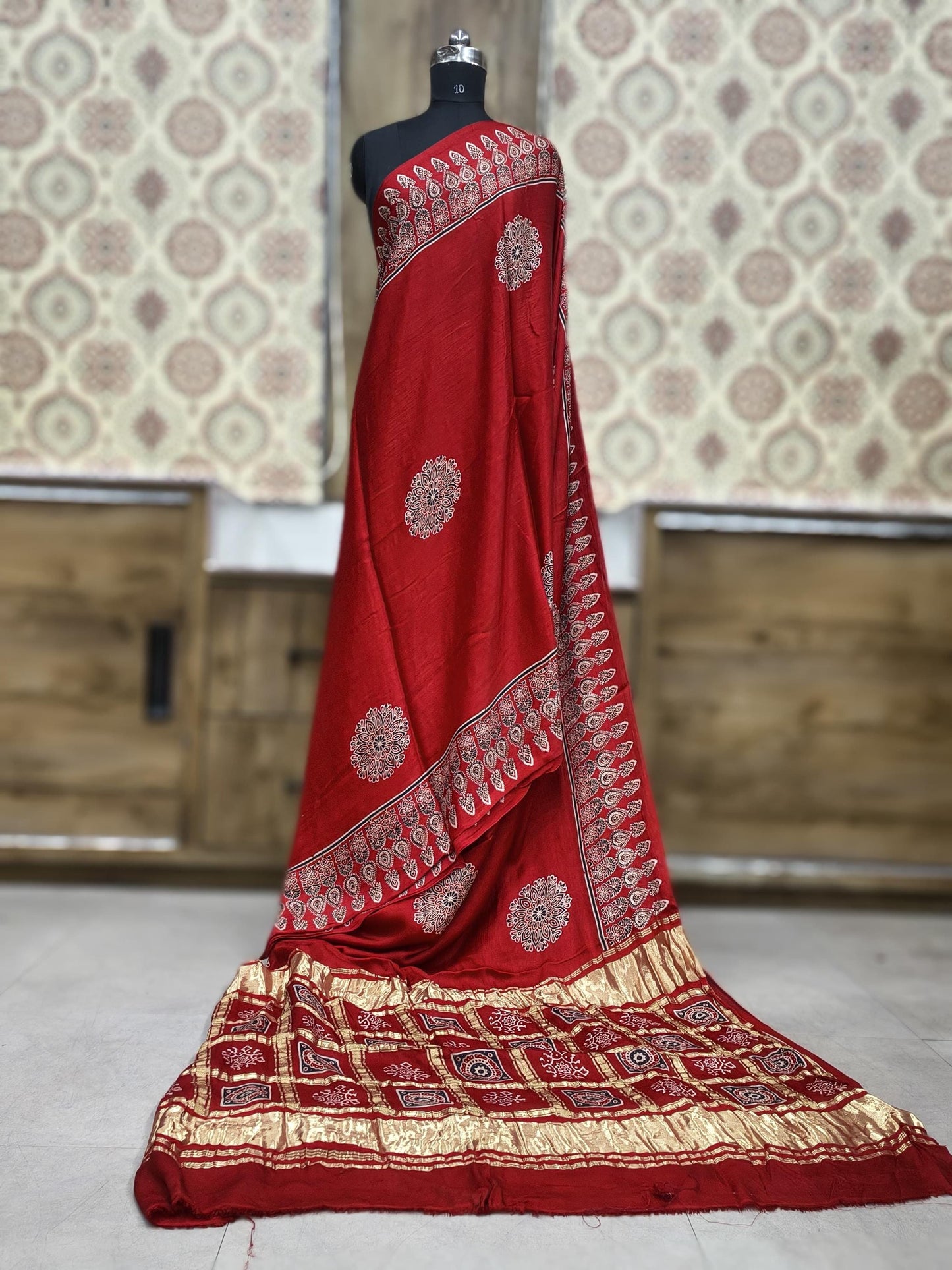 Modal Silk Ajrakh Hand Block Print Saree With Gharchola Checks Pallu
