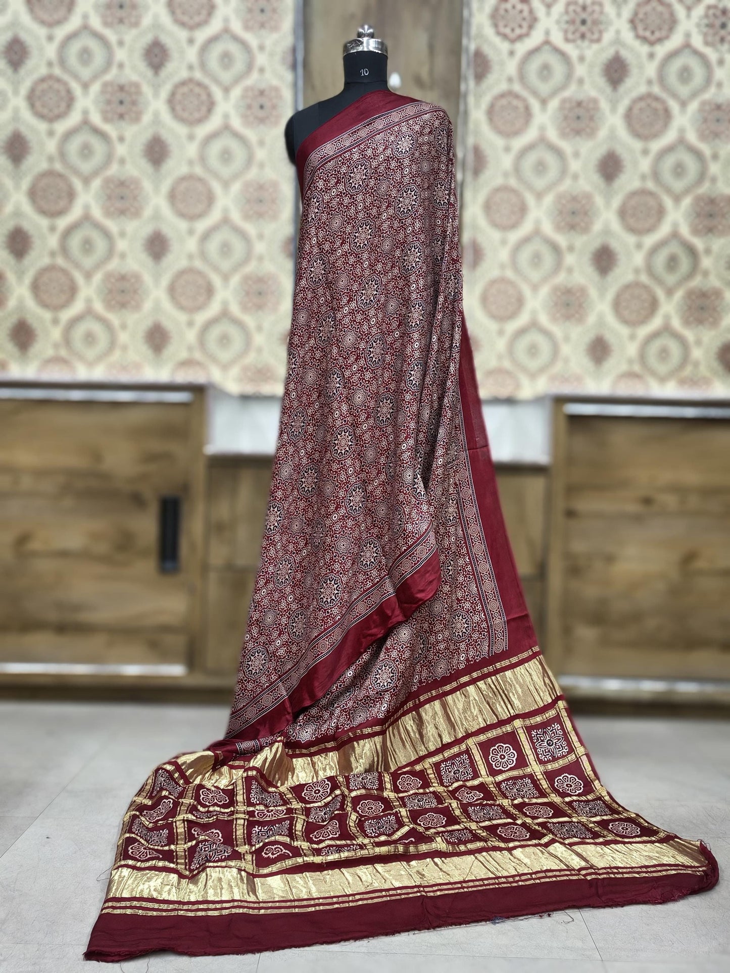 Modal Silk Ajrakh Hand Block Print Saree With Gharchola Checks Pallu