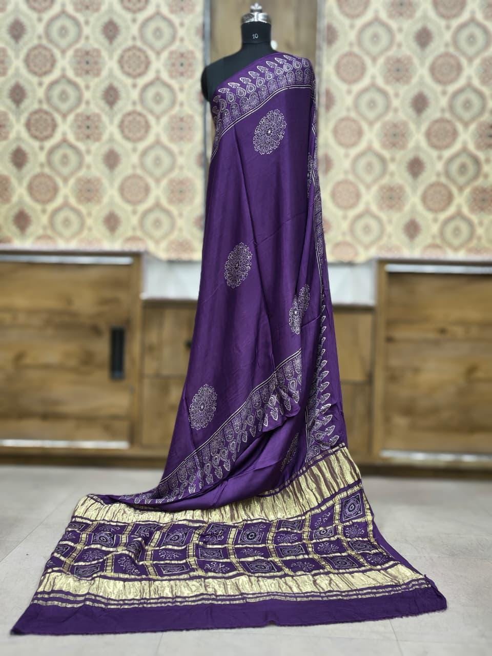 Modal Silk Ajrakh Hand Block Print Saree With Gharchola Checks Pallu