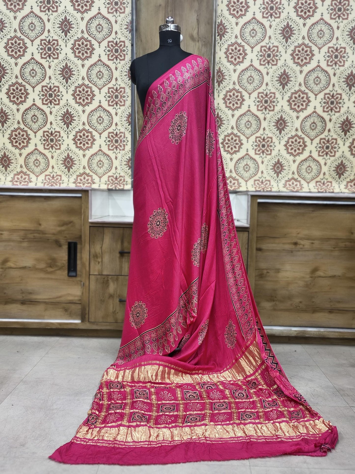Modal Silk Ajrakh Hand Block Print Saree With Gharchola Checks Pallu