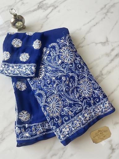 Lucknowi Georgette Chikankari Saree with Gota Patti Work