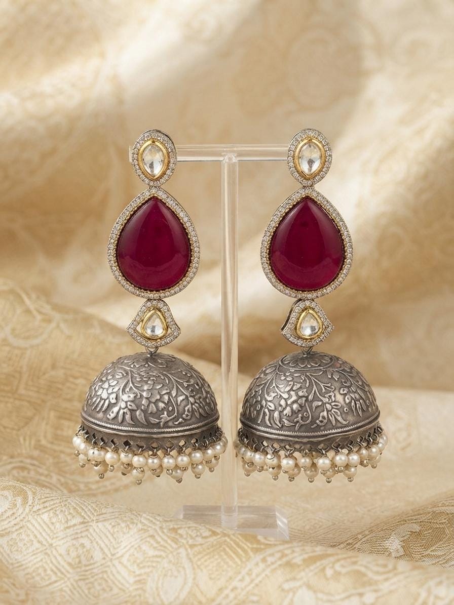 Dual Tone Oxidised Jhumka Earrings, Kundan Pearl Drop Statement Jewellery.