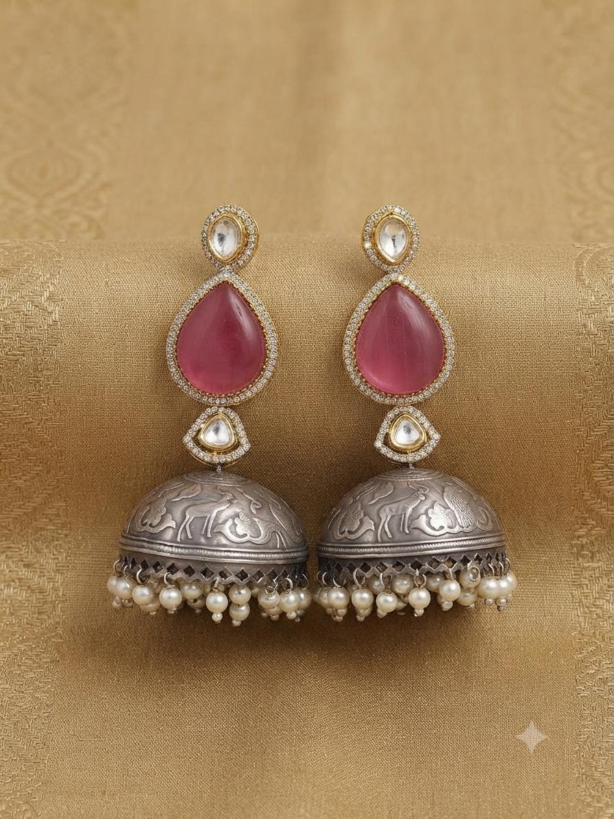 Dual Tone Oxidised Jhumka Earrings, Kundan Pearl Drop Statement Jewellery.