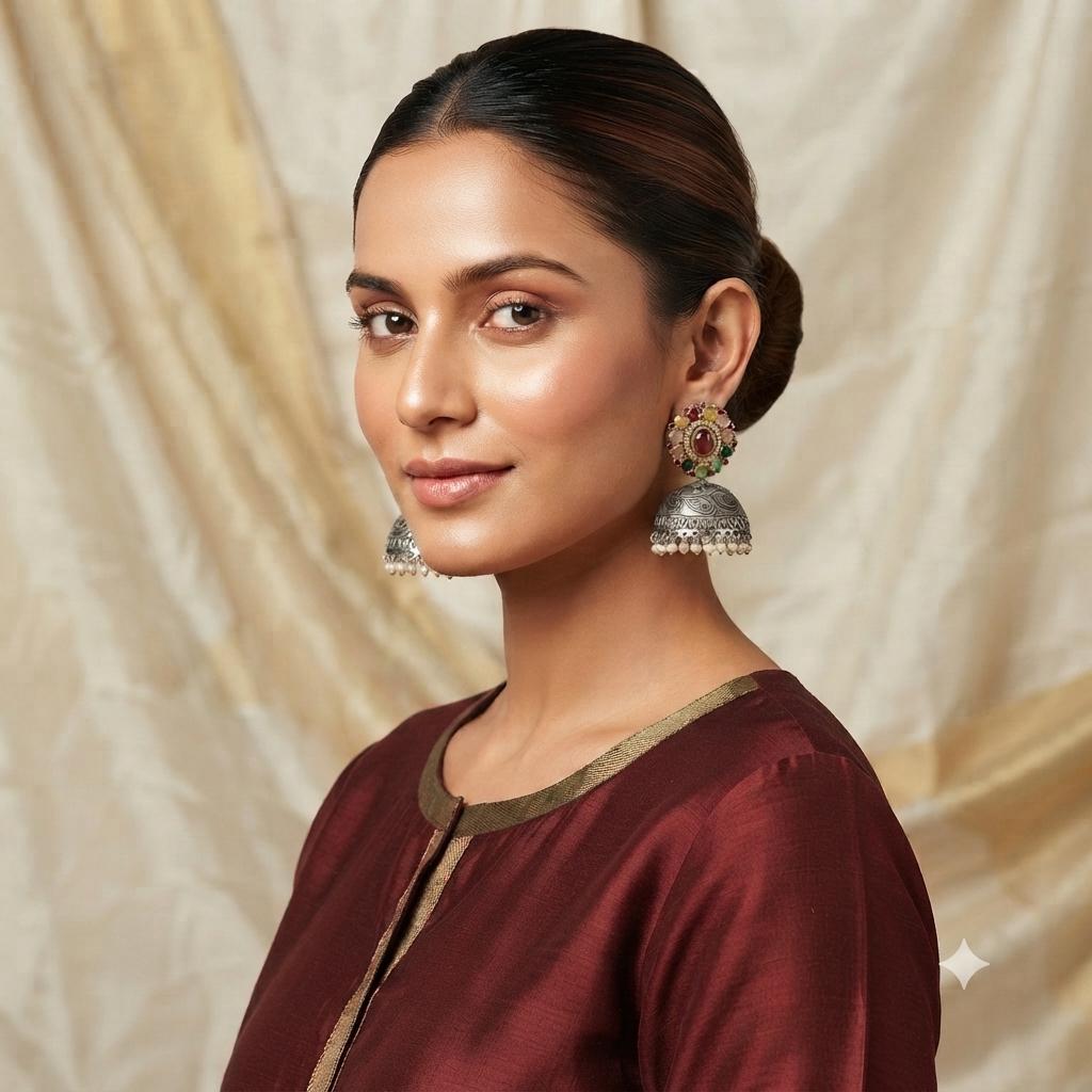 Dual Tone Oxidised Jhumka Earrings, Kundan Pearl Drop Statement Jewellery.