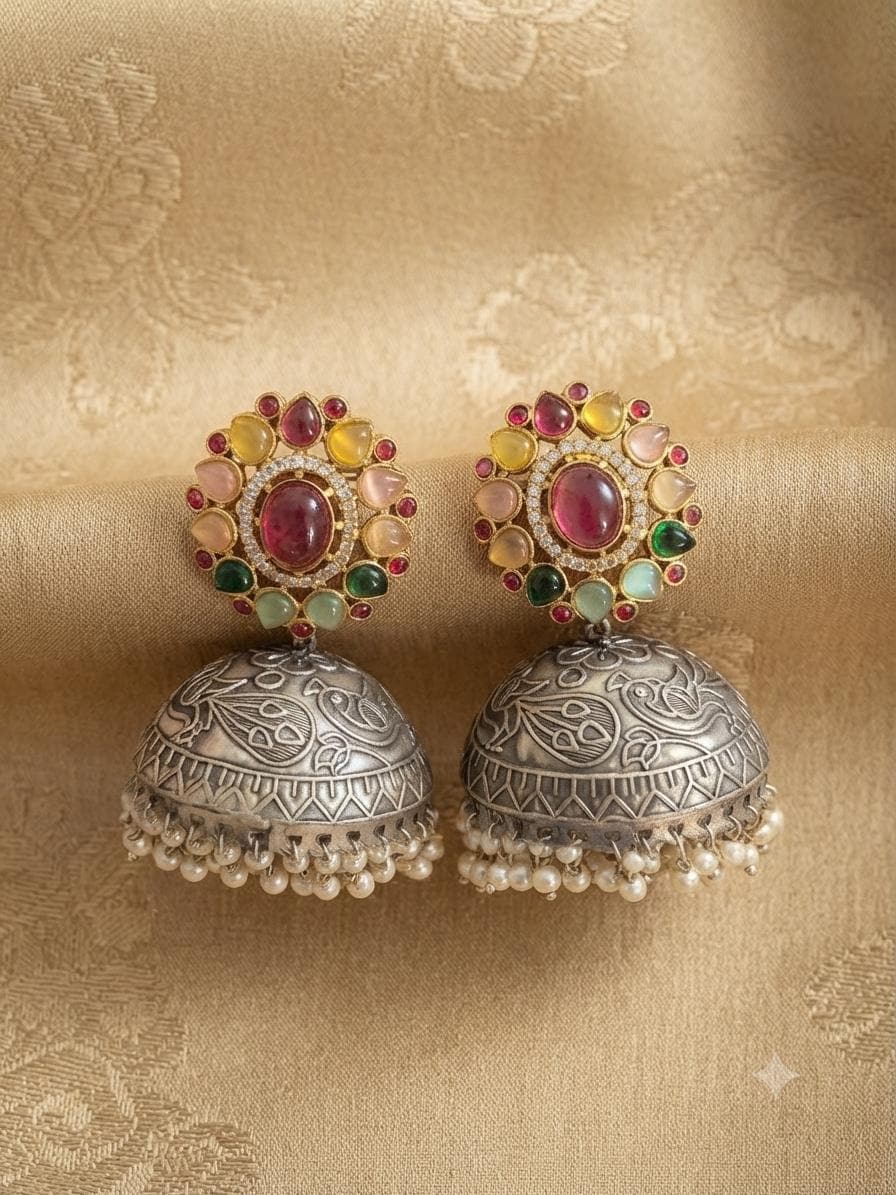 Dual Tone Oxidised Jhumka Earrings, Kundan Pearl Drop Statement Jewellery.