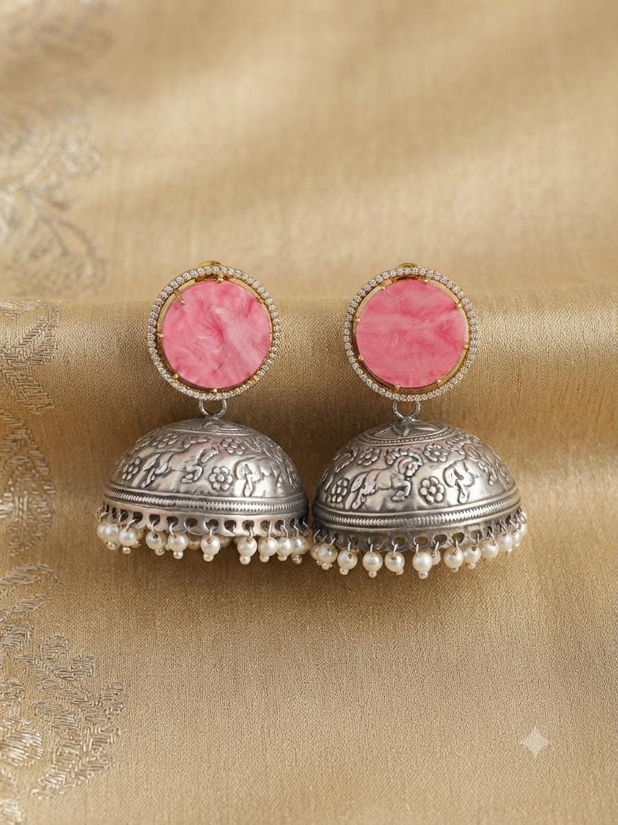 Dual Tone Oxidised Jhumka Earrings, Kundan Pearl Drop Statement Jewellery.