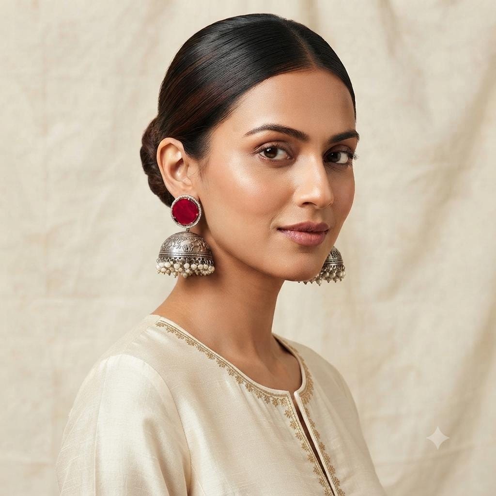 Dual Tone Oxidised Jhumka Earrings, Kundan Pearl Drop Statement Jewellery.