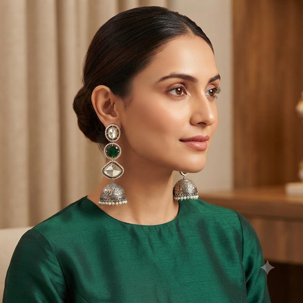 Dual Tone Oxidised Jhumka Earrings, Kundan Pearl Drop Statement Jewellery.