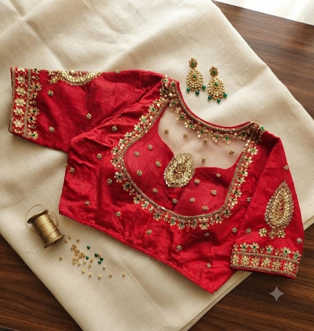 Readymade Aari Work Bridal Saree Blouse | Padded, Size 3846 | Indian Wedding Blouse UK