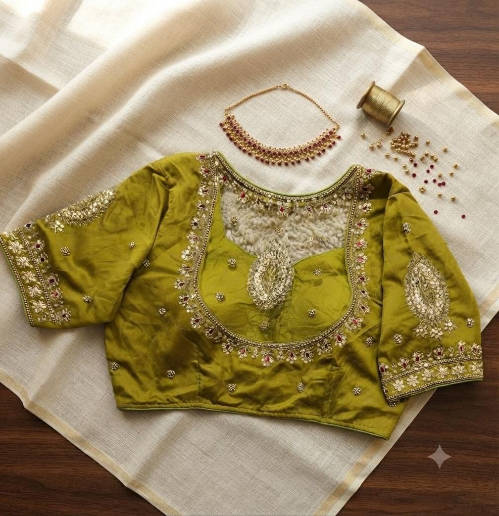 Readymade Aari Work Bridal Saree Blouse | Padded, Size 3846 | Indian Wedding Blouse UK