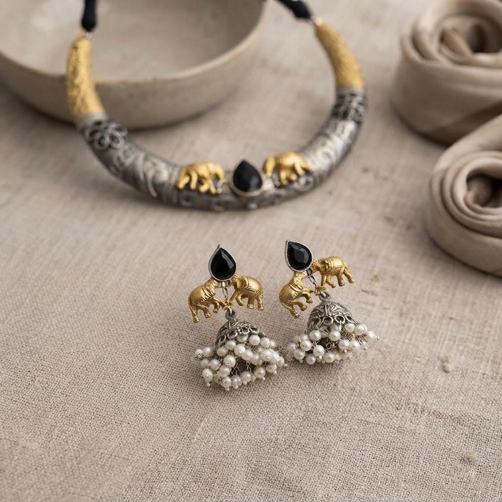 Dual Tone Elephant Hasli Necklace Set: Rajasthani Tribal Jewelry with Earrings