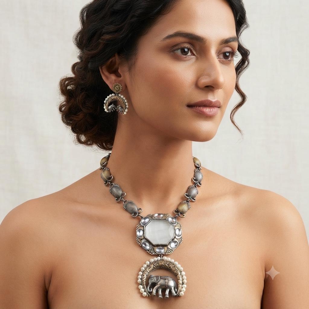 Dual Tone Oxidized German Silver Pendant Necklace Set with Earrings