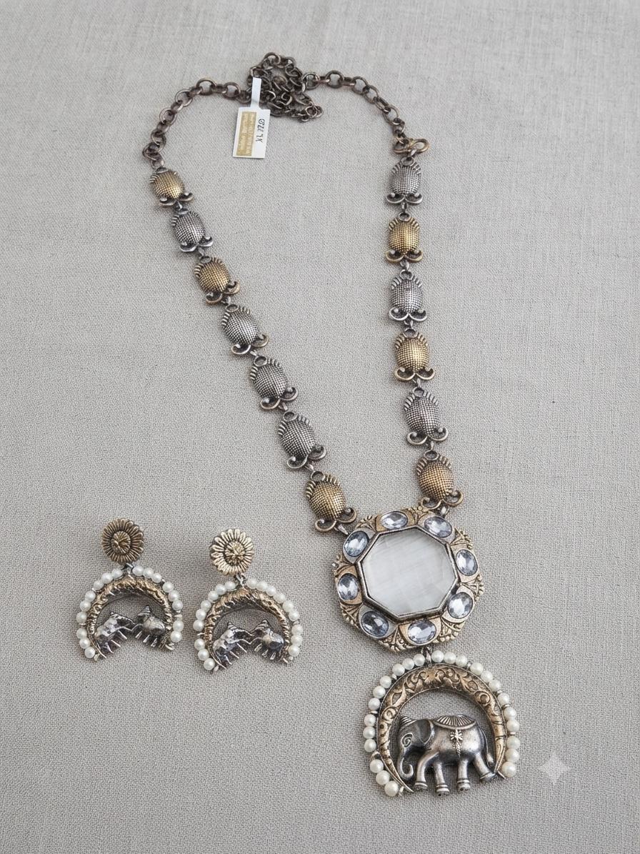 Dual Tone Oxidized German Silver Pendant Necklace Set with Earrings