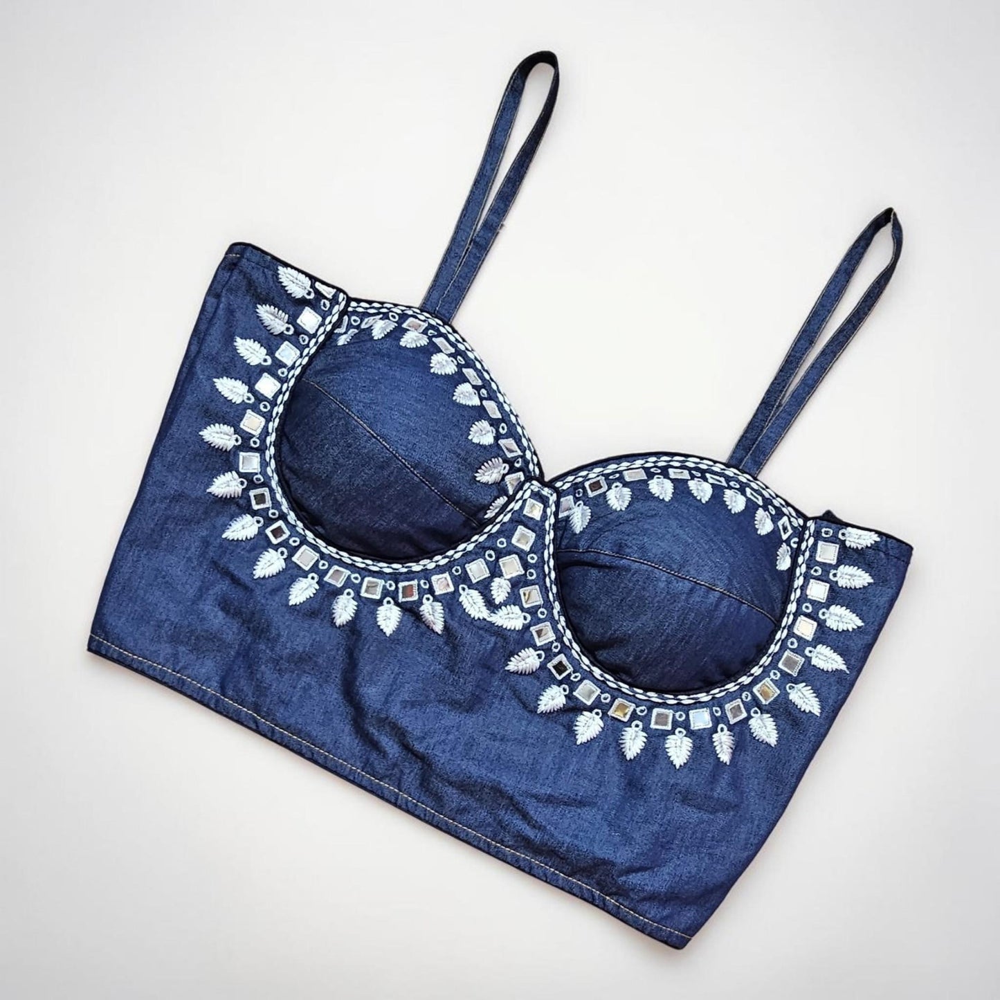 Ready-Made Denim Corset Saree Blouse | Mirror Work Padded Sleeveless Corset Blouse | Designer Readymade Blouse | Festive & Wedding Wear