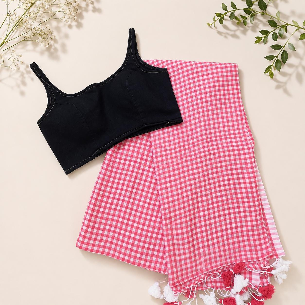 Pure Mul Cotton Checks Saree & Readymade Blouse Combo