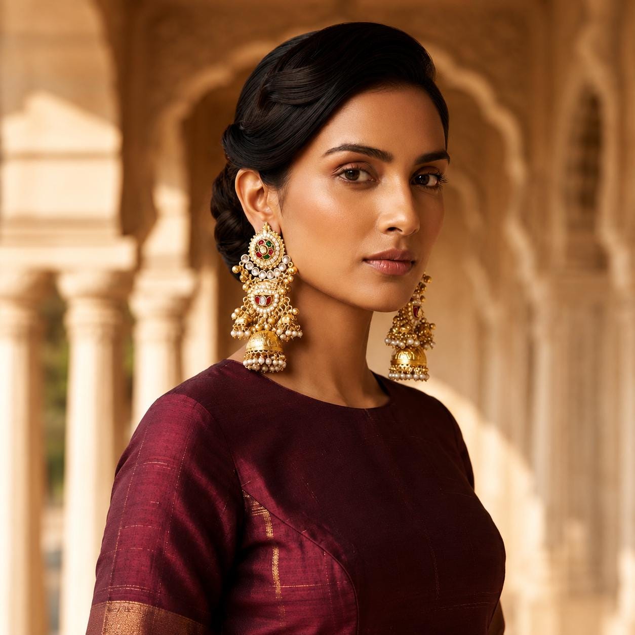 Gold Jhumka Earrings ,Traditional Indian Statement Earrings, Bridal Wedding Jewellery, Pearl & Kundan Style Earrings