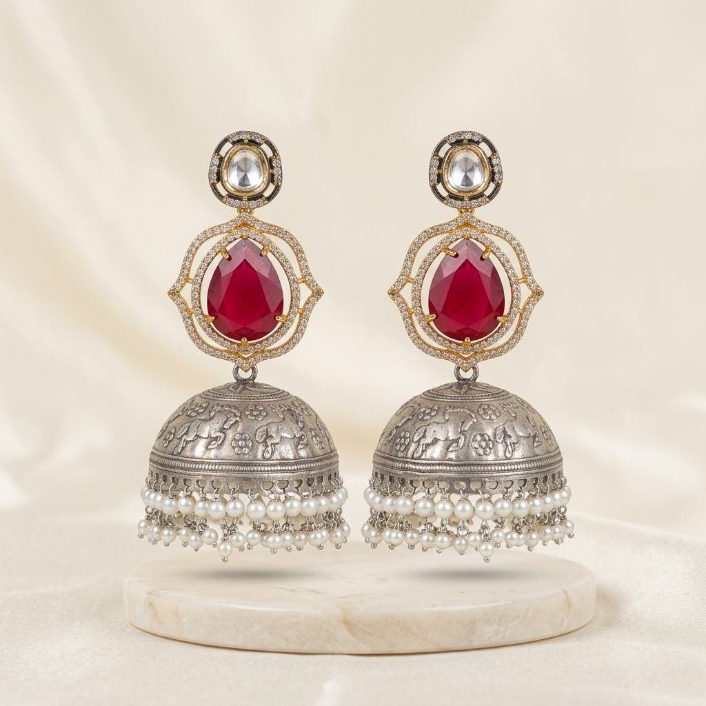Dual Tone Oxidised Jhumka Earrings, Kundan Pearl Drop Statement Jewellery.