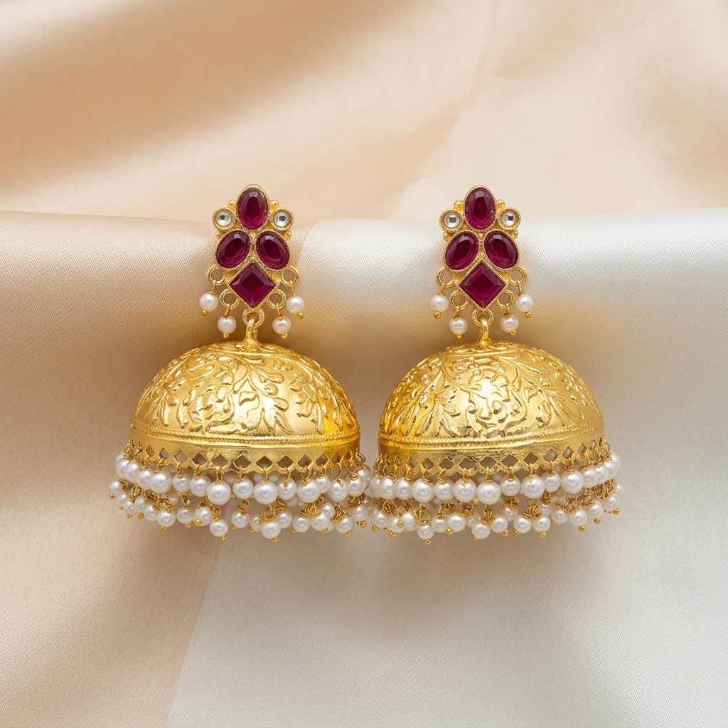Gold Jhumka Earrings ,Traditional Indian Statement Earrings, Bridal Wedding Jewellery, Pearl & Kundan Style Earrings