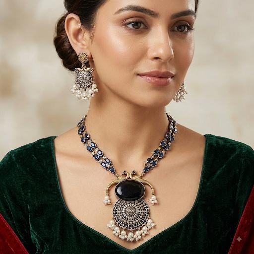 Dual Tone Oxidized German Silver Pendant Necklace Set with Earrings