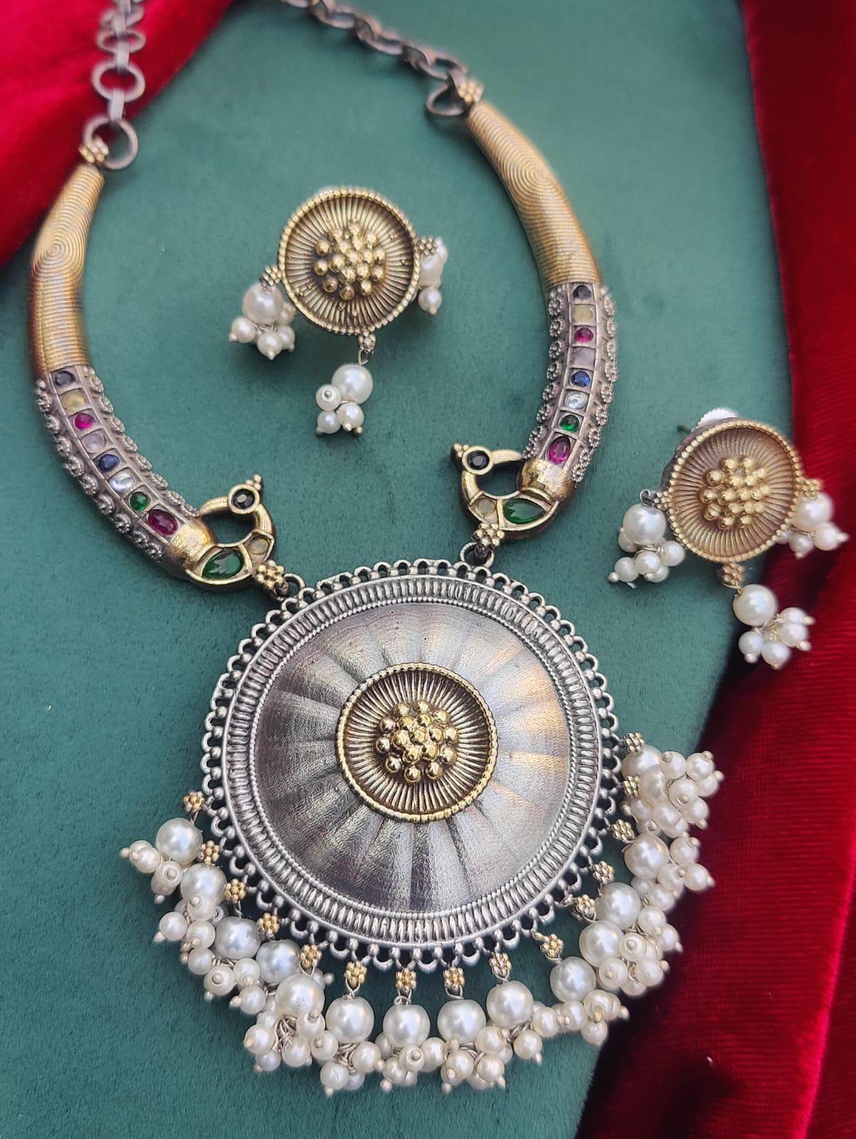 Dual Tone Statement Hasli Necklace Set: Rajasthani Tribal Jewelry with Earrings