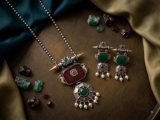 Dual Tone Oxidized German Silver Pendant Necklace Set with Earrings