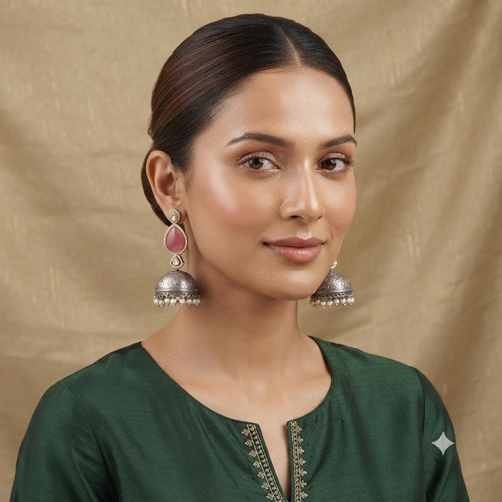 Dual Tone Oxidised Jhumka Earrings, Kundan Pearl Drop Statement Jewellery.