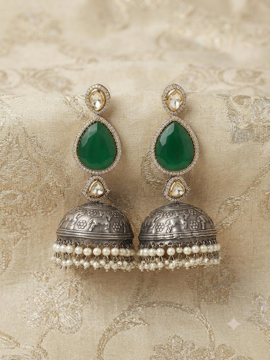Dual Tone Oxidised Jhumka Earrings, Kundan Pearl Drop Statement Jewellery.
