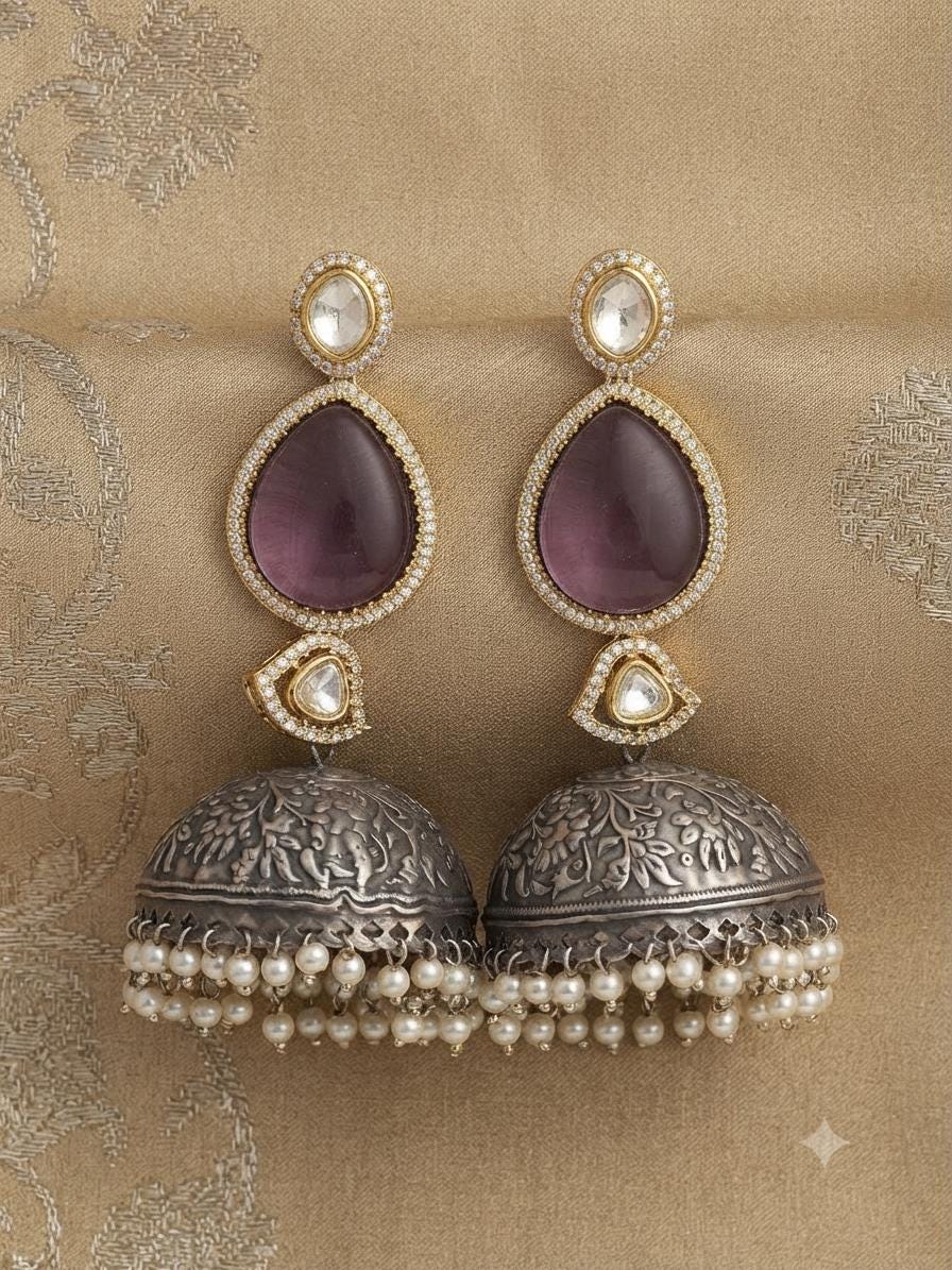 Dual Tone Oxidised Jhumka Earrings, Kundan Pearl Drop Statement Jewellery.