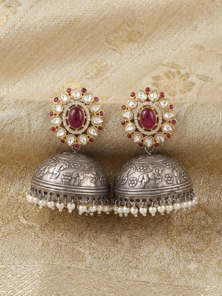 Dual Tone Oxidised Jhumka Earrings, Kundan Pearl Drop Statement Jewellery.