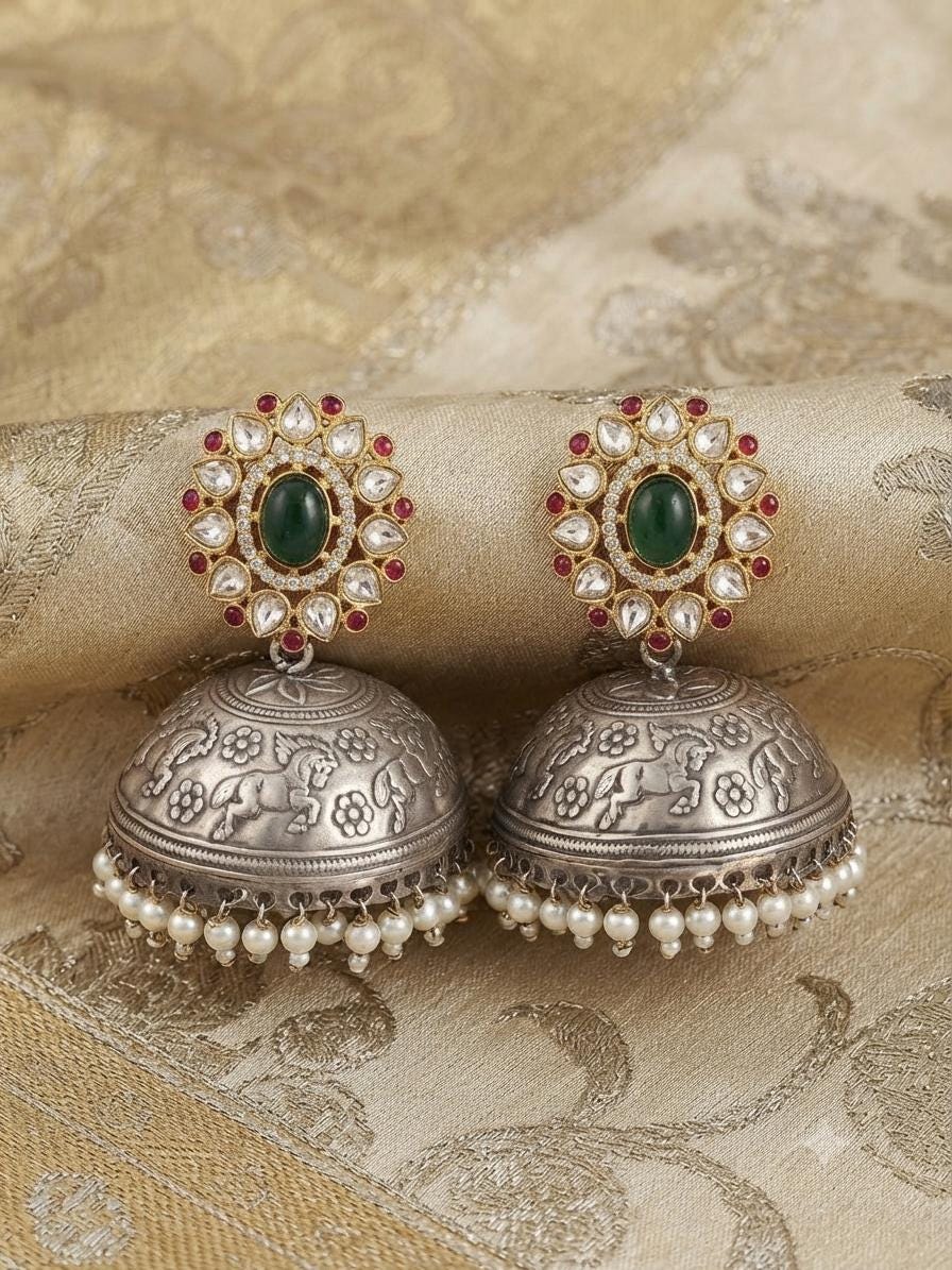 Dual Tone Oxidised Jhumka Earrings, Kundan Pearl Drop Statement Jewellery.