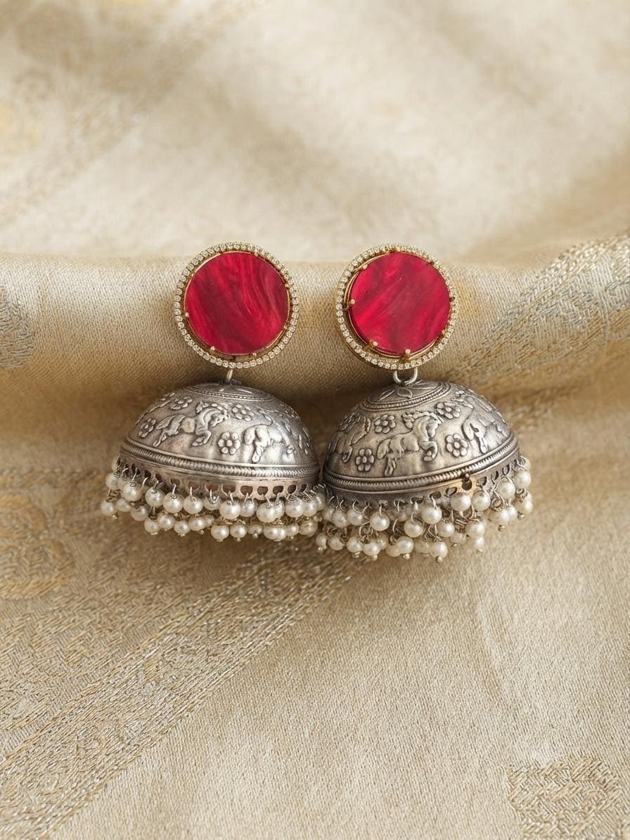 Dual Tone Oxidised Jhumka Earrings, Kundan Pearl Drop Statement Jewellery.
