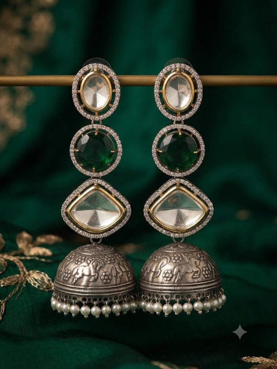 Dual Tone Oxidised Jhumka Earrings, Kundan Pearl Drop Statement Jewellery.