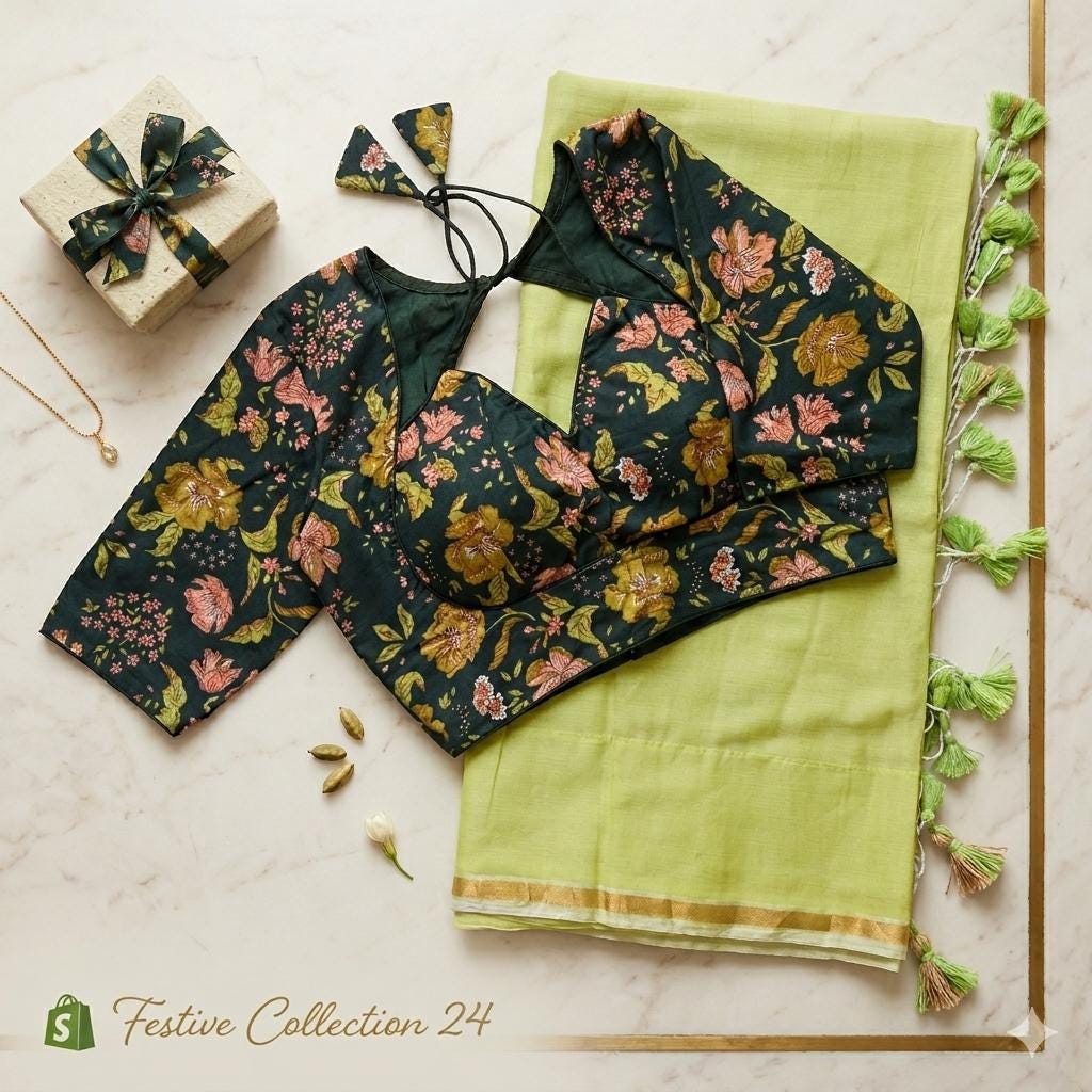 Pure Mul Cotton Saree & Blouse - Pista Green Saree Combo