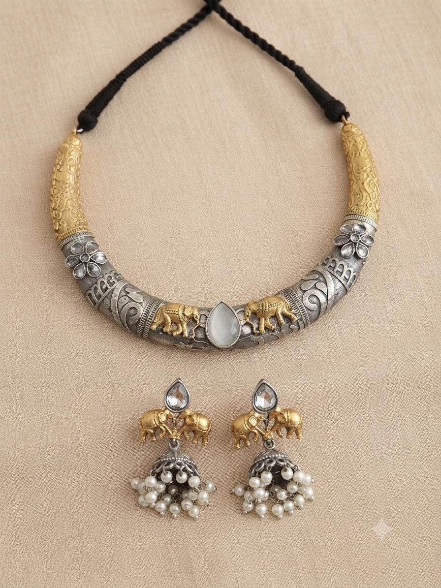 Dual Tone Elephant Hasli Necklace Set: Rajasthani Tribal Jewelry with Earrings
