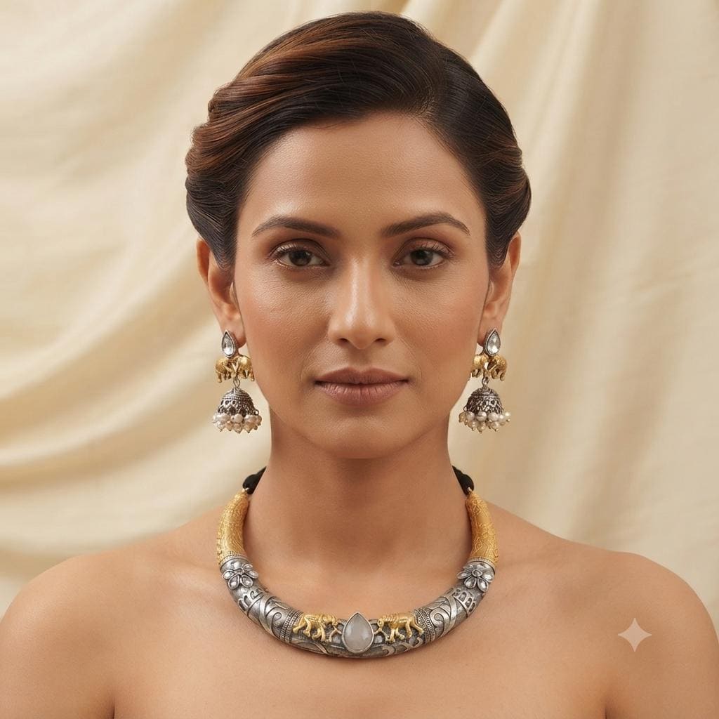 Dual Tone Elephant Hasli Necklace Set: Rajasthani Tribal Jewelry with Earrings