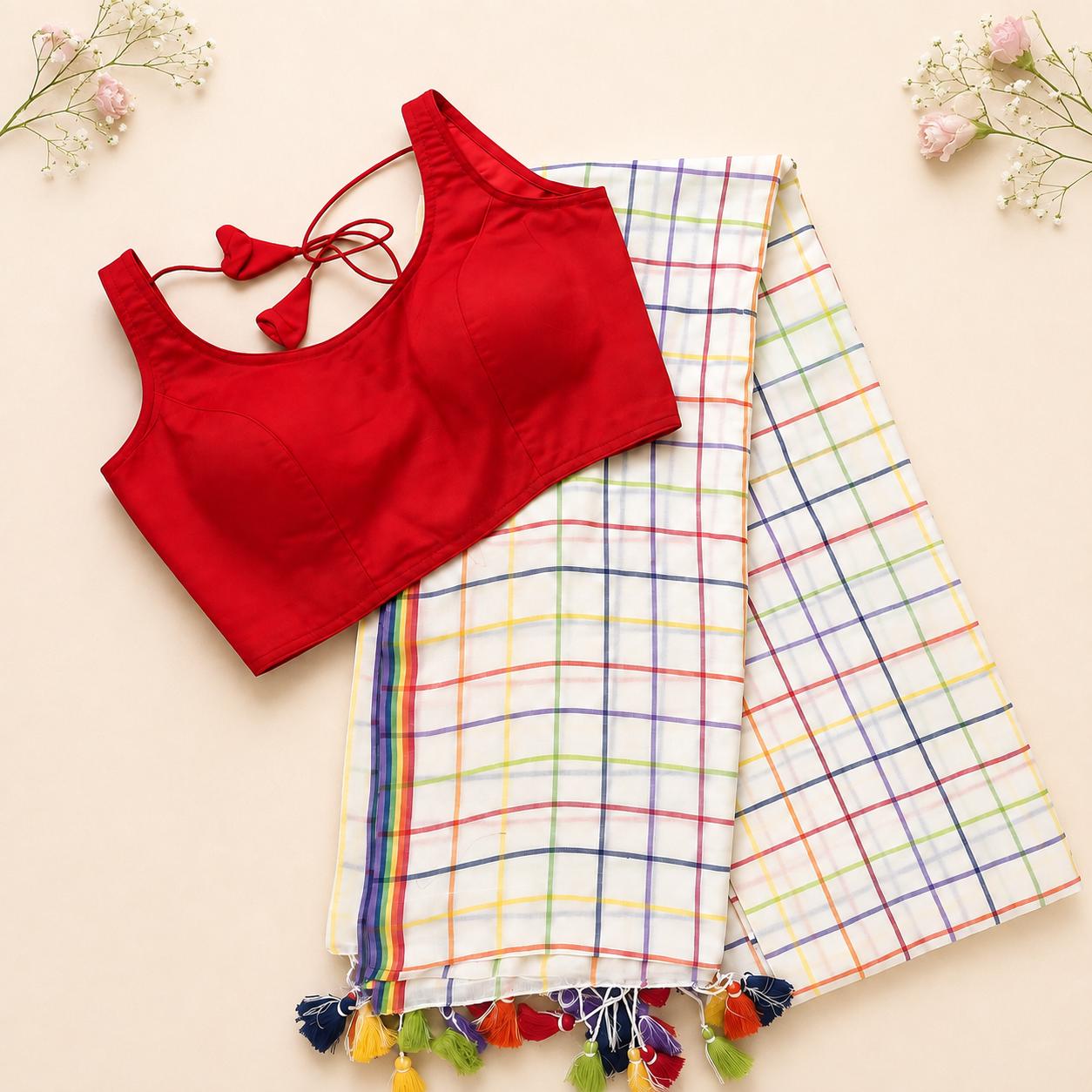 Pure Mul Cotton Checks Saree & Readymade Blouse Combo