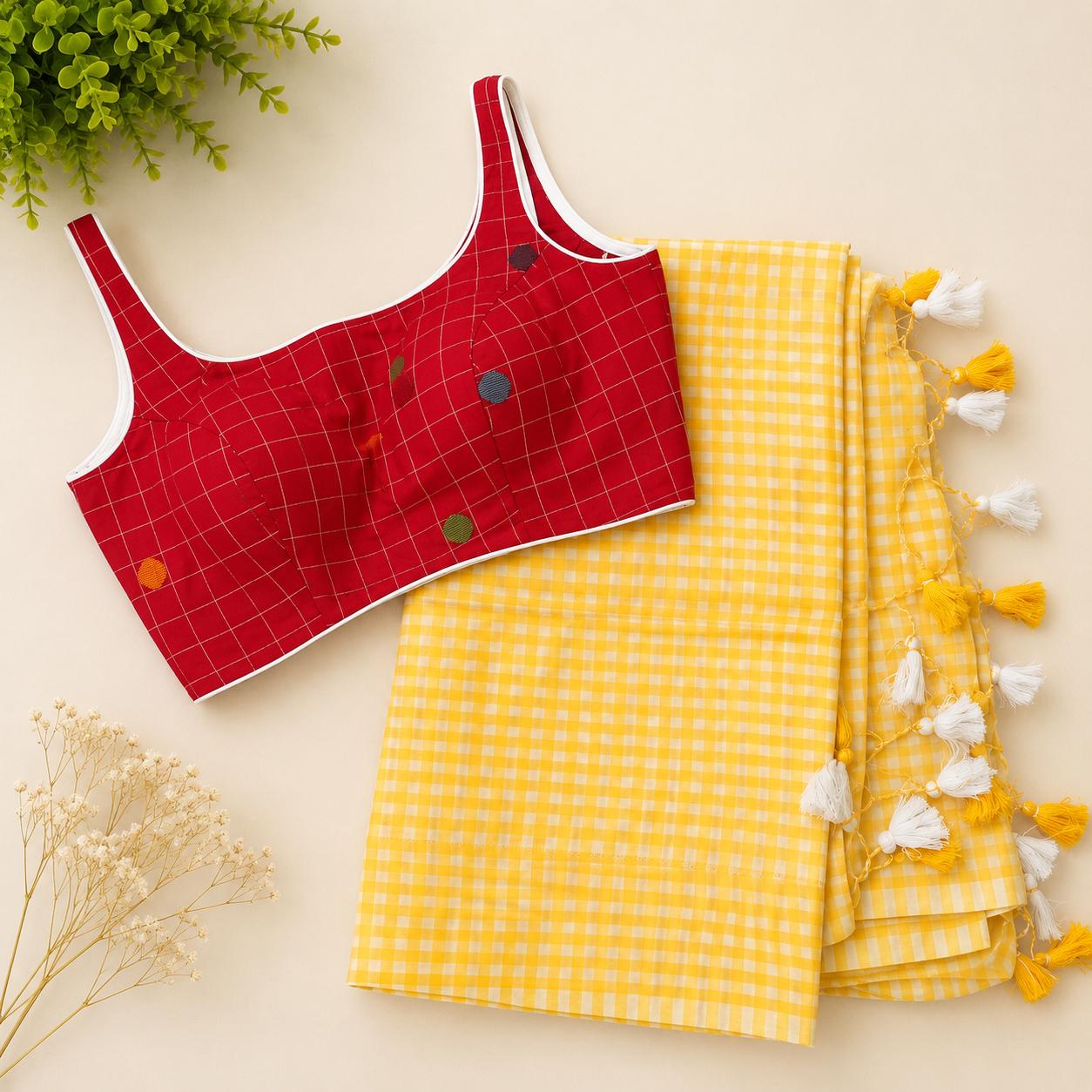 Pure Mul Cotton Checks Saree & Readymade Blouse Combo