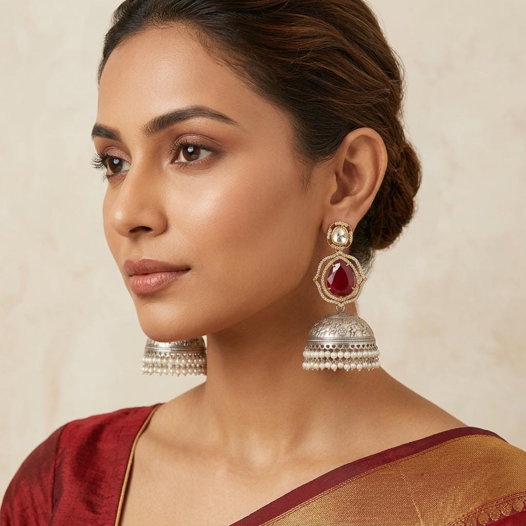 Dual Tone Oxidised Jhumka Earrings, Kundan Pearl Drop Statement Jewellery.