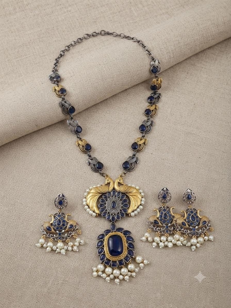 Dual Tone Oxidized German Silver Pendant Necklace Set with Earrings