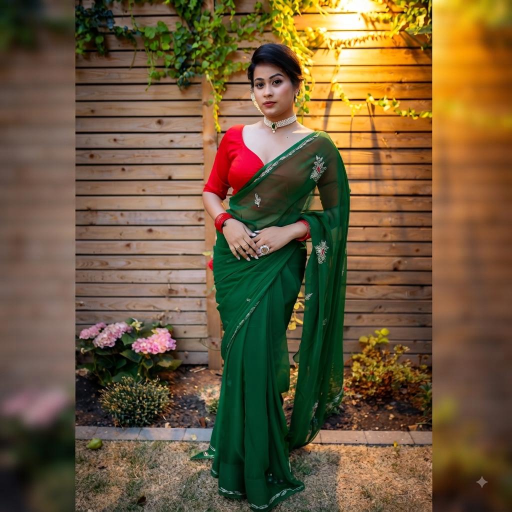 Emerald Green Chiffon Saree