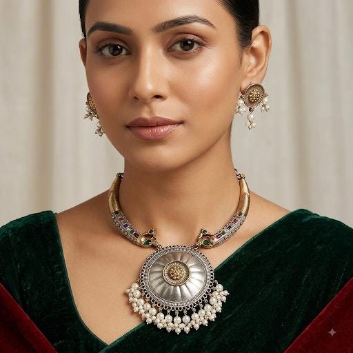 Dual Tone Statement Hasli Necklace Set: Rajasthani Tribal Jewelry with Earrings
