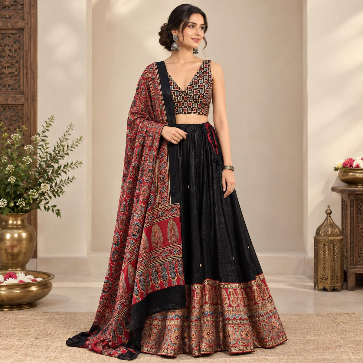 Modal Silk Ajrakh Lehenga Choli with Mirror Work