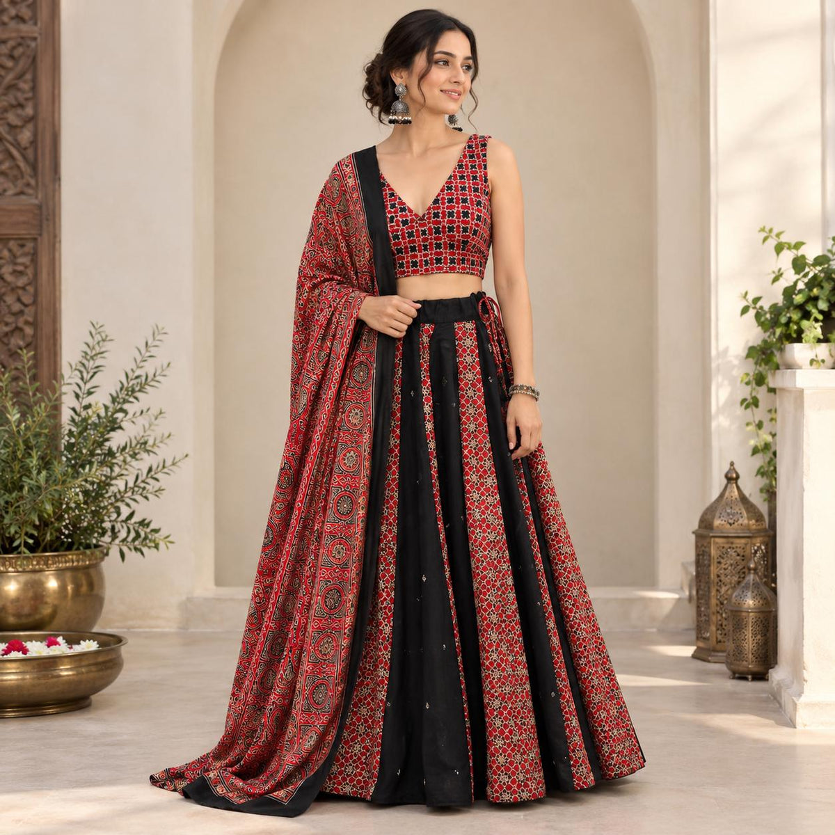 Modal Silk Ajrakh Lehenga Choli with Mirror Work